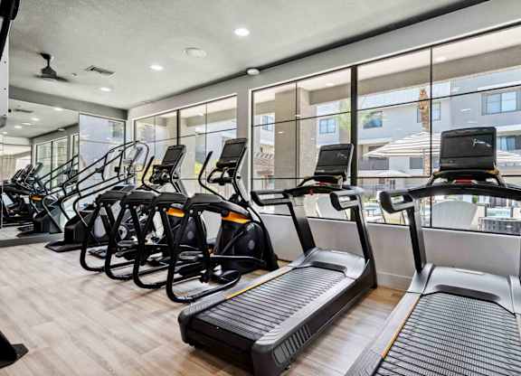 A gym with treadmills and elliptical machines.