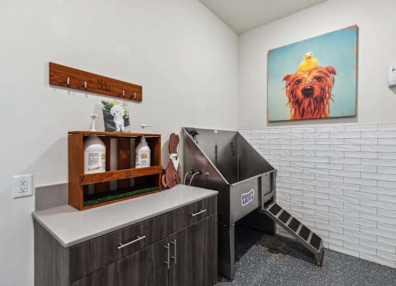 a laundry room with a washing machine and a painting of a dog on the wall