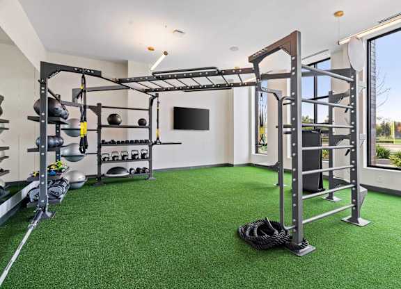 Fitness Center with Free Weights at The Hallon Apartments,  Hopkins