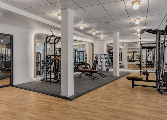 A gym with a variety of equipment including treadmills, weights, and benches.