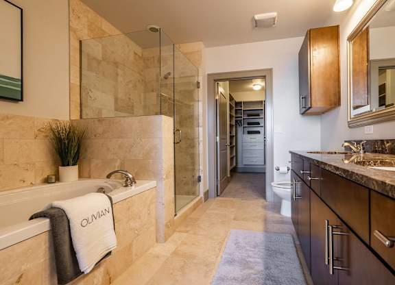 A bathroom with a marble tub and a walk-in shower.