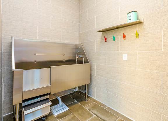 Pet Spa, stainless steel sink in a bathroom with a wall-mounted shelf above it.