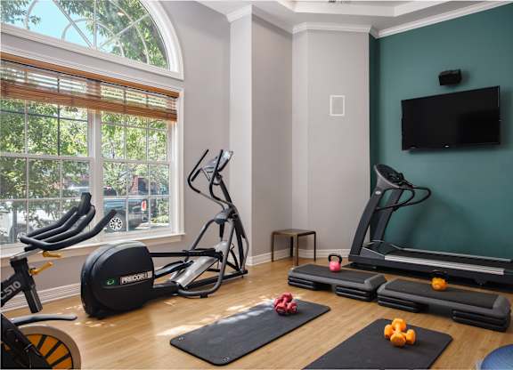 A home gym with a treadmill, exercise bike, and weights.