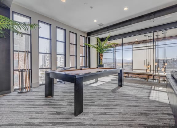 a games room with a pool table