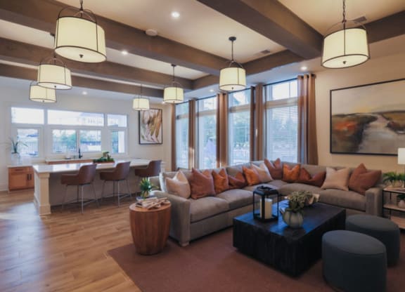 a living room with a couch and coffee table