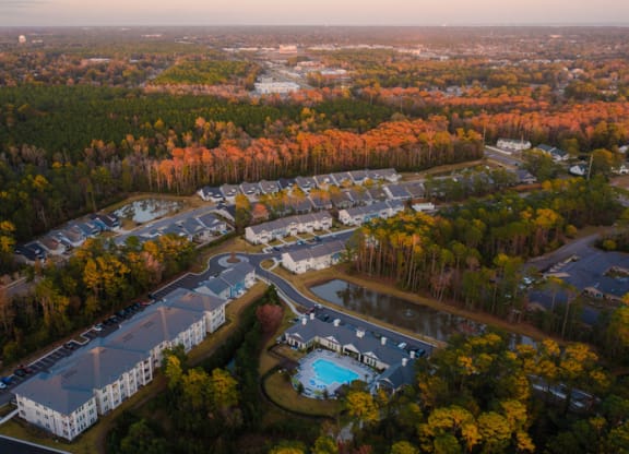 arial view of the campus in the fall