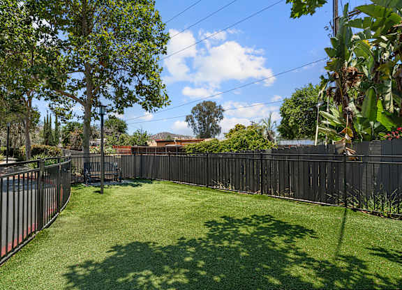 A backyard with a green lawn and a fence.
