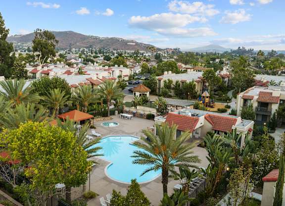 A pool surrounded by palm trees and houses.