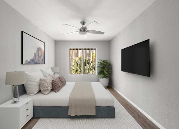 A bedroom with a bed, nightstand, and a painting on the wall.