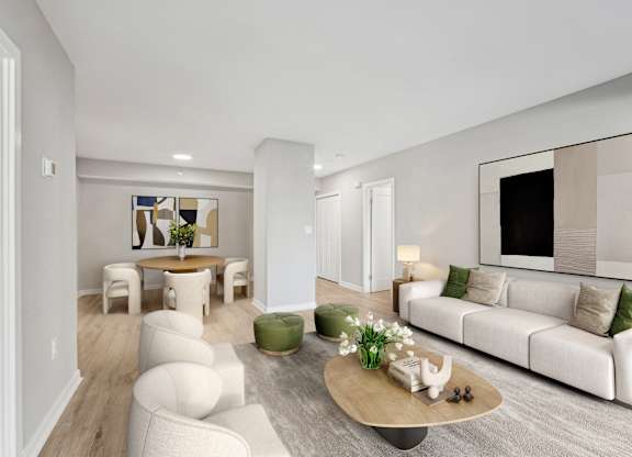 a living room with a couch and a table