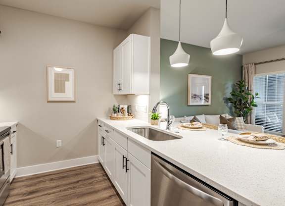 A kitchen with white cabinets and a stainless steel dishwasher.