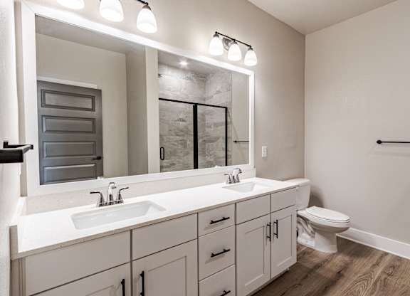 A bathroom with a white countertop and a large mirror above it.