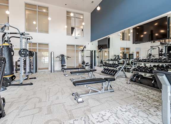 A spacious gym with a variety of equipment including treadmills, weights, and a television.