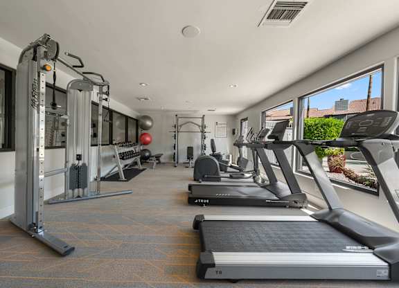 A gym with treadmills, weights, and exercise equipment.