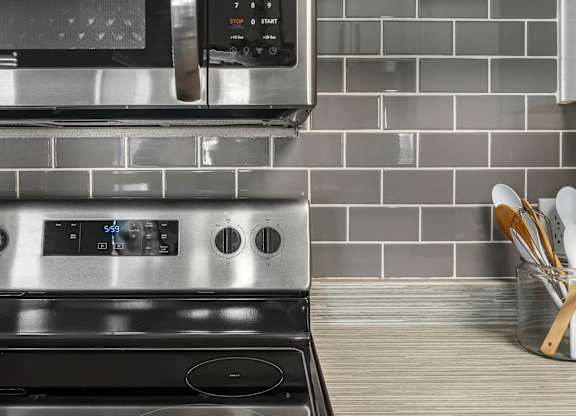 Close up view of the stainless steel appliances at Serafina at South Mountain apartments for rent in Ahwatukee.