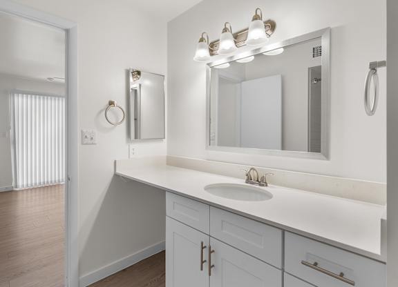 A bathroom with a white counter and a mirror above it.