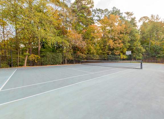 A tennis court that also has basketball goals surrounded by trees