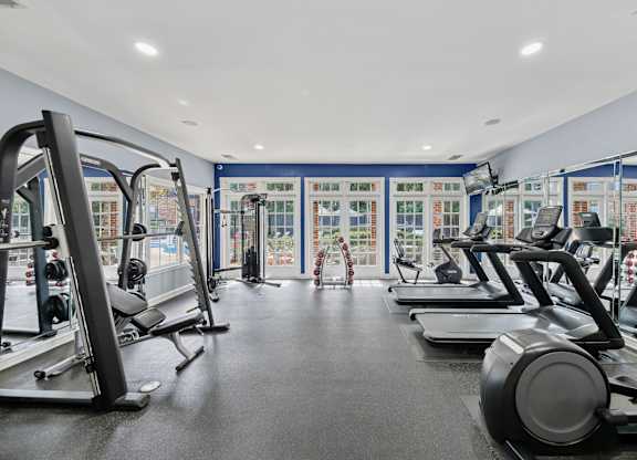 A gym with treadmills, weights, and exercise machines.