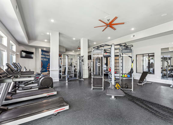 a gym with weights and cardio machines and a ceiling fan