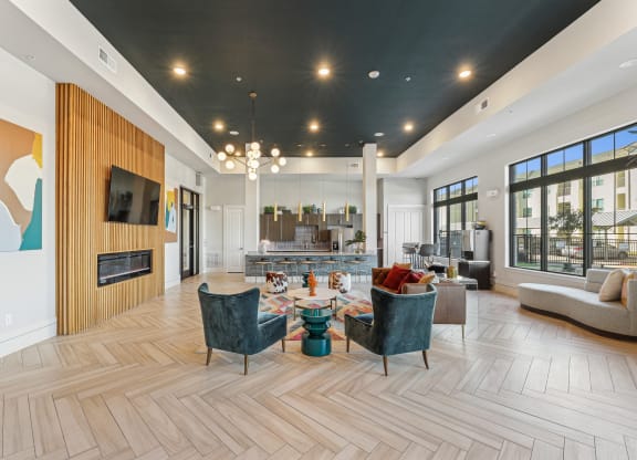 the preserve at ballantyne commons living room with furniture and a fireplace
