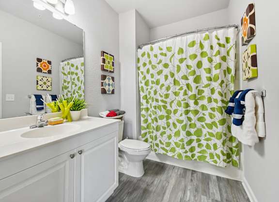 A bathroom with a white sink, toilet, and a green shower curtain.