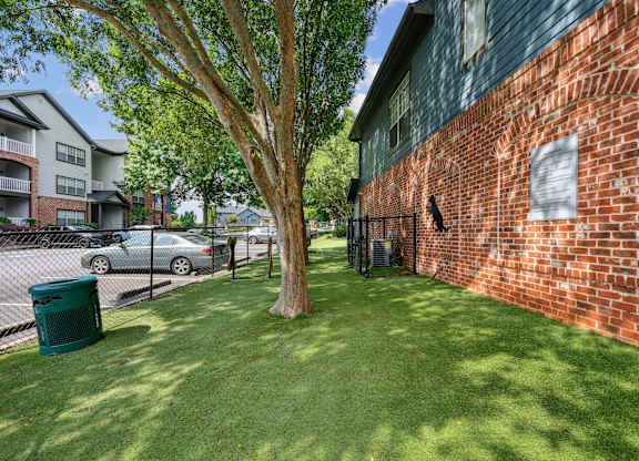 A tree in a yard next to a brick wall.