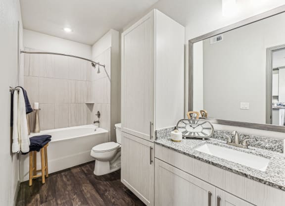 a bathroom with a sink and a toilet and a bath tub