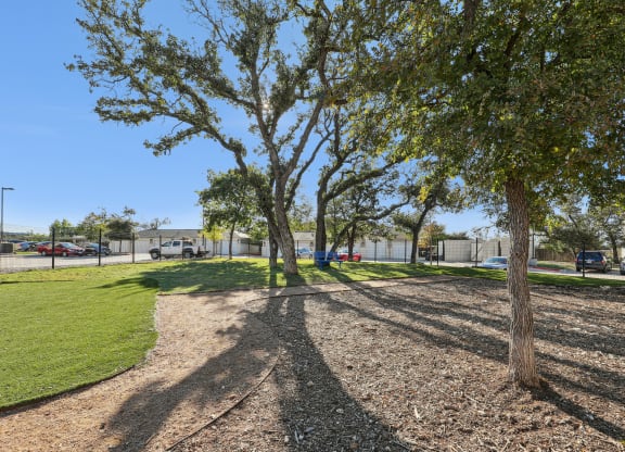 a park with trees and grass near a parking lot