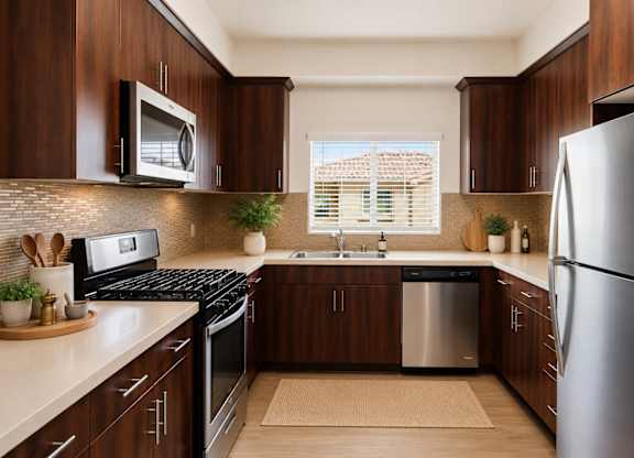A modern kitchen with dark wood cabinets and stainless steel appliances.
