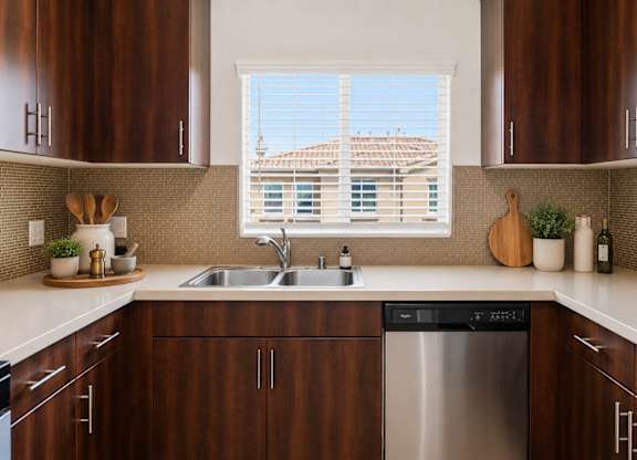 A kitchen with brown cabinets and a stainless steel dishwasher.