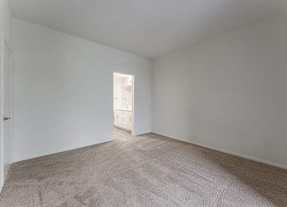 A room with a carpeted floor and a doorway leading to another room.