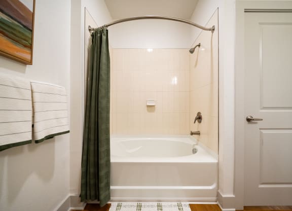 a bathroom with a tub and a shower and a curtain