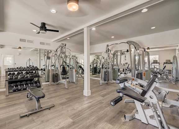 A spacious gym with a variety of equipment including treadmills, weights, and exercise machines.