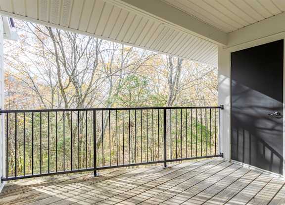 A balcony with a black railing and a wooden floor.