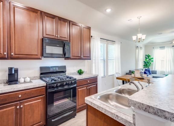 a kitchen with wooden cabinets and stainless steel appliances at The Village at Caney Mills, Conroe, TX, 77303
