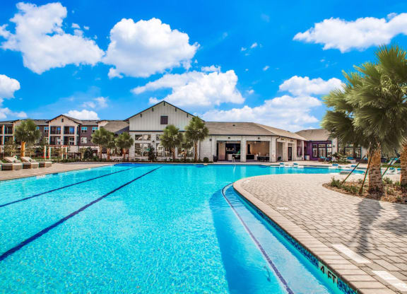 a large swimming pool with palm trees in front of a building