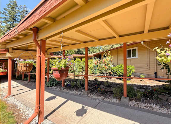 A patio with a roof and a potted plant.
