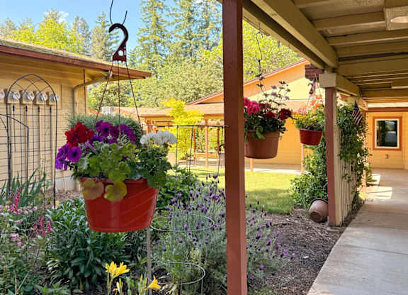 A garden with a variety of flowers in a red pot.