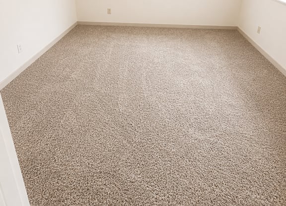 A room with a carpeted floor and a window with blinds.