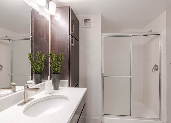 Bathroom with Plenty of Storage at 15 Bank Apartments in White Plains, NY 10606