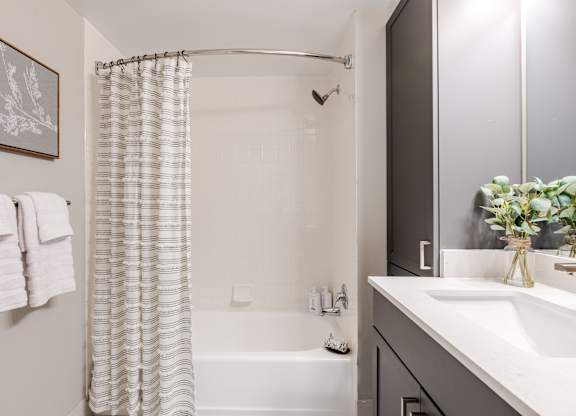 Shower and soaking tub at 15 Bank Apartments in White Plains, NY 10606