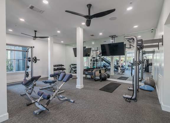 Weight Lifting Equipment in the Fitness Center at Abstract at Design District in Dallas TX, 75207