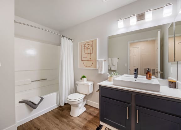 a bathroom with a toilet sink and shower and a mirror at Paisley and Pointe Apartments, Nevada, 89130