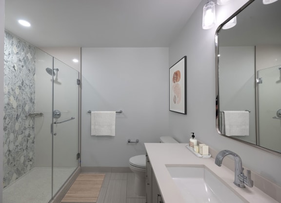 a bathroom with a shower and a sink and a mirror  at The Belden Stratford, Chicago, Illinois