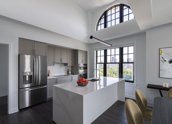 a kitchen with a large island and stainless steel appliances  at The Belden Stratford, Chicago, Illinois