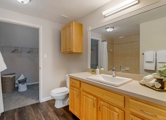 a bathroom with a toilet and a sink and a mirror at Madison on the Meadow, Stafford