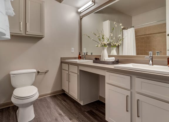 a bathroom with a toilet and a sink and a mirror at Reserve by the Lake, Houston