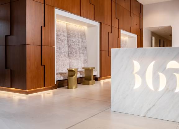 Modern interior with a white marble surface at 365 Nicollet, Minneapolis