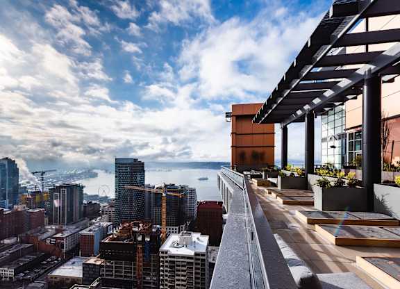 A cityscape with a clear sky and a view of the water.