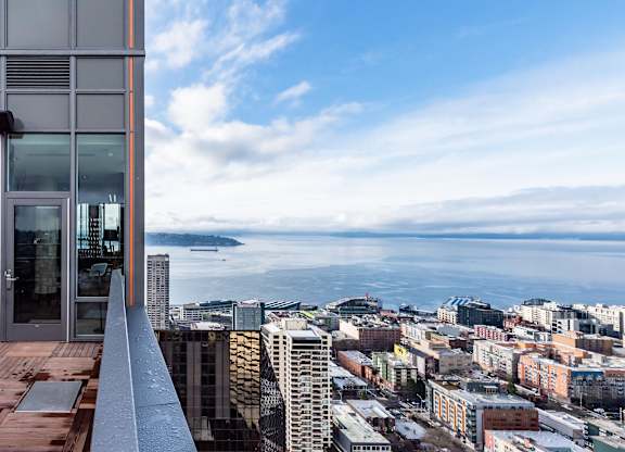 A cityscape with a view of the ocean from a high vantage point.